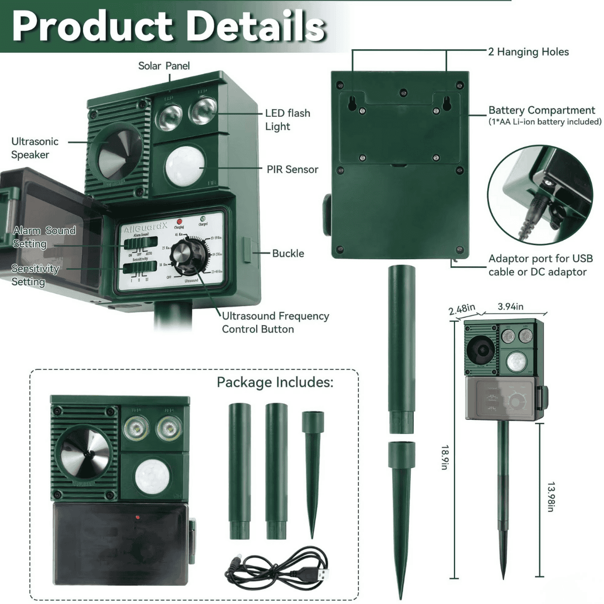 Diagram of a green AllGuardX animal deterrent device with labeled parts and dimensions.