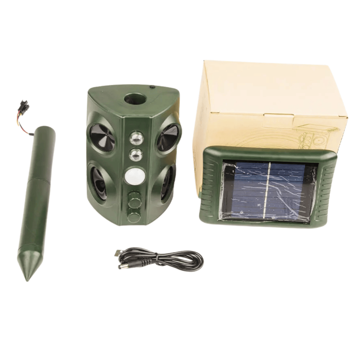 Green deer repeller device with solar panel and cable on a white background