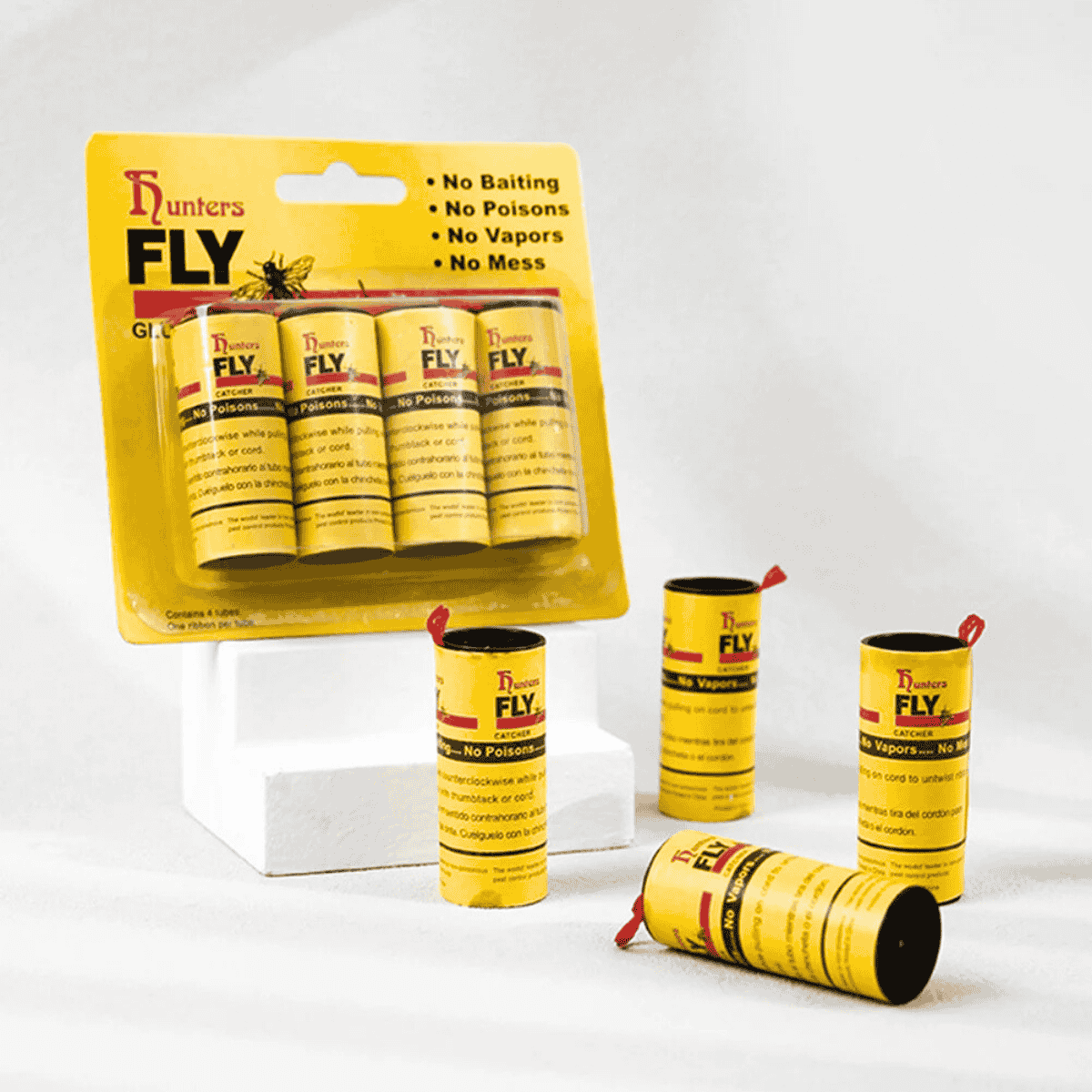 Yellow fly traps with packaging on a white background