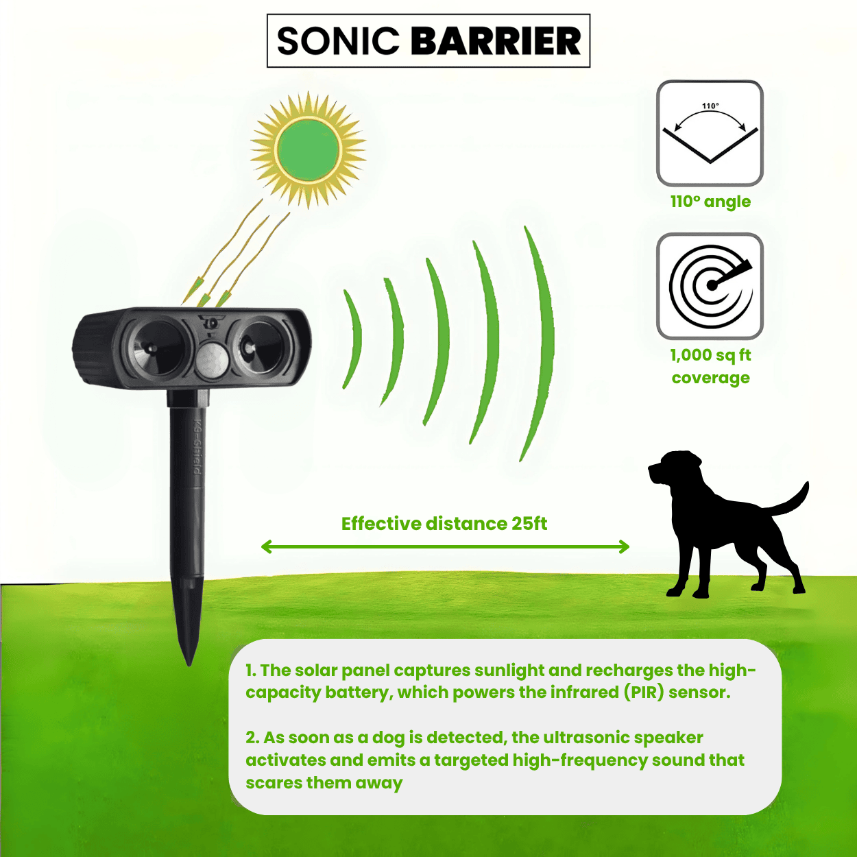 Sonic barrier K-9 Shield Dog ultrasonic repeller device with solar panel and infrared sensor on a grassy background
