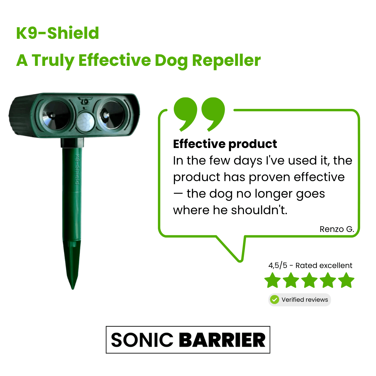 K9-Shield dog repeller with customer review and Sonic Barrier branding
