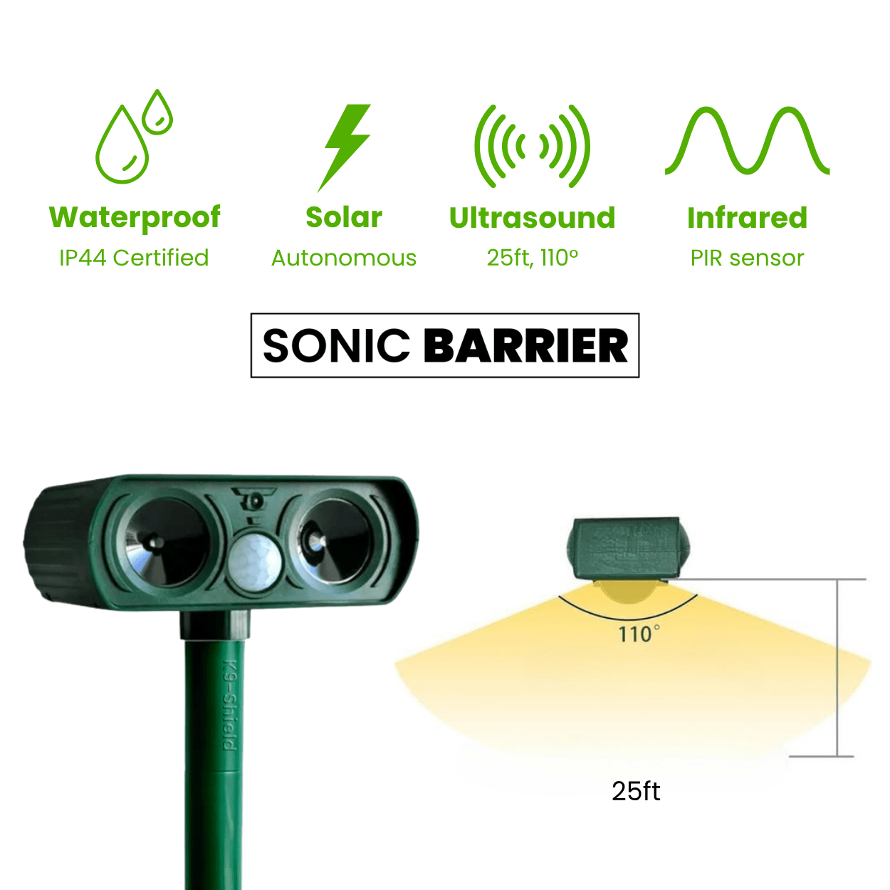 Sonic barrier K-9 Shield ultrasonic dog repeller device with features listed on a white background
