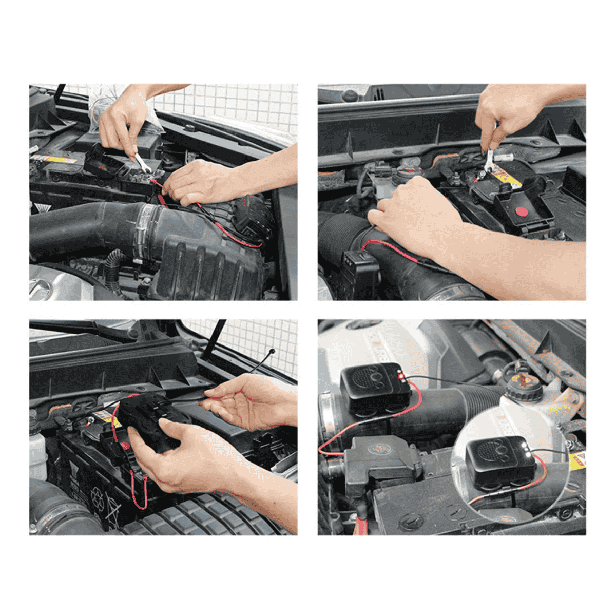Step-by-step process of installing RoadentGuard rodent repellent on a car battery with hands using tools.