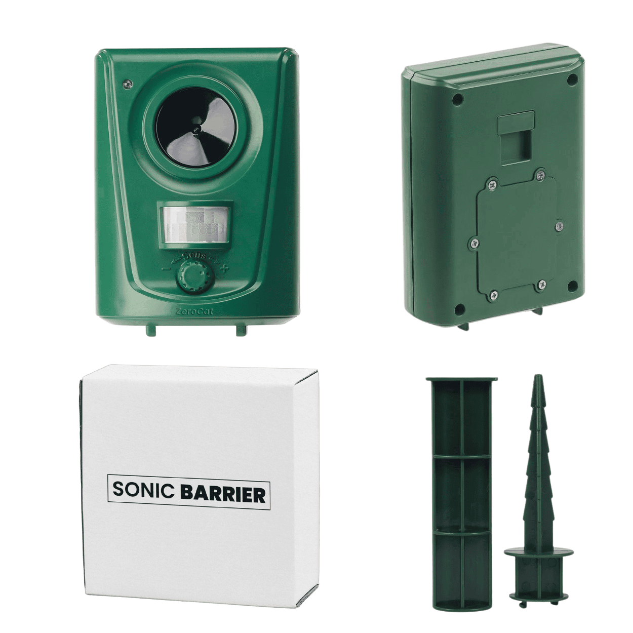 Green sonic barrier device with packaging and accessories on a white background