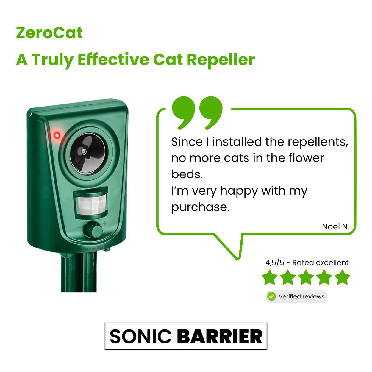 ZeroCat Sonic Barrier cat repeller with customer review and rating on a white background