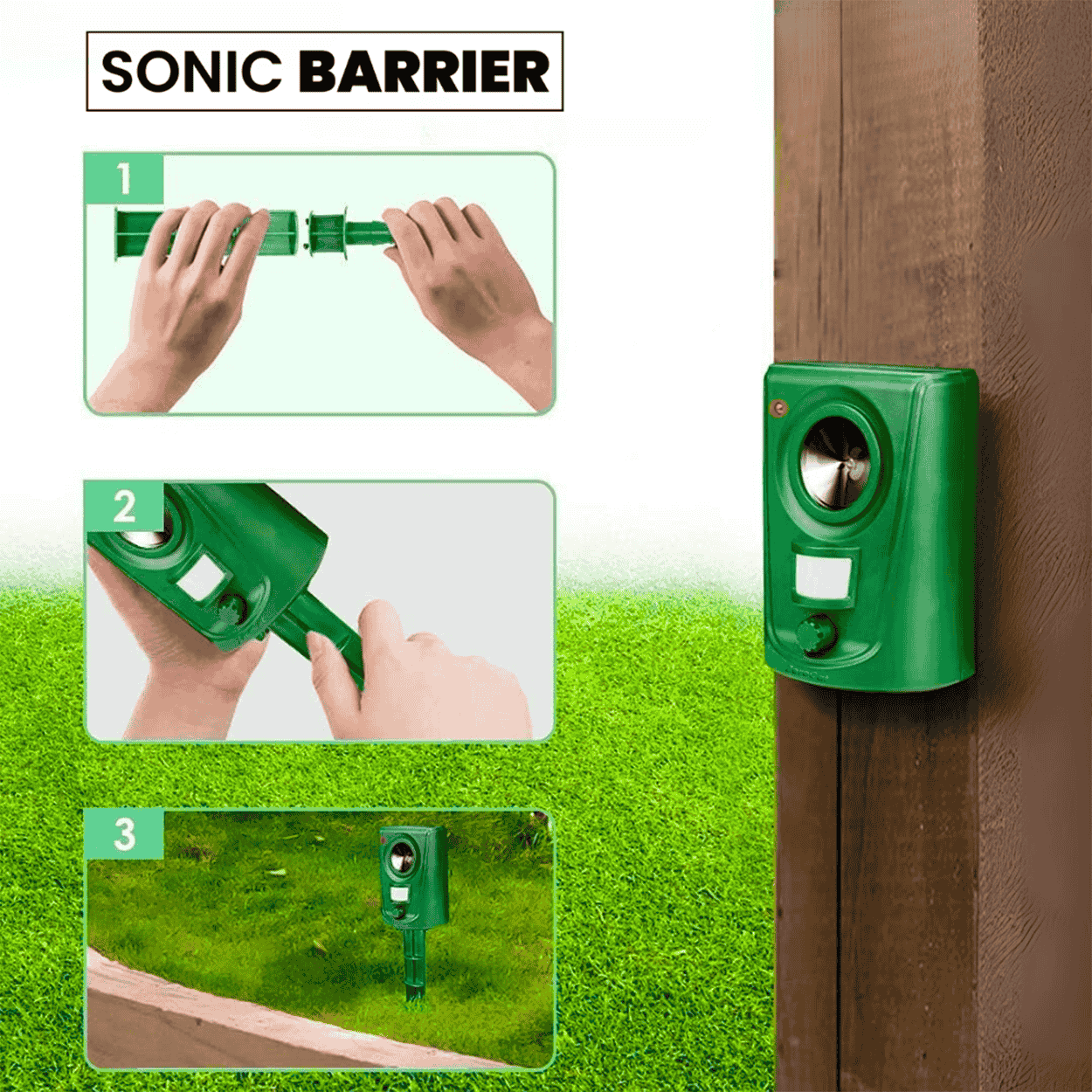 Green zerocat cat repeller device attached to a wooden post with assembly instructions.