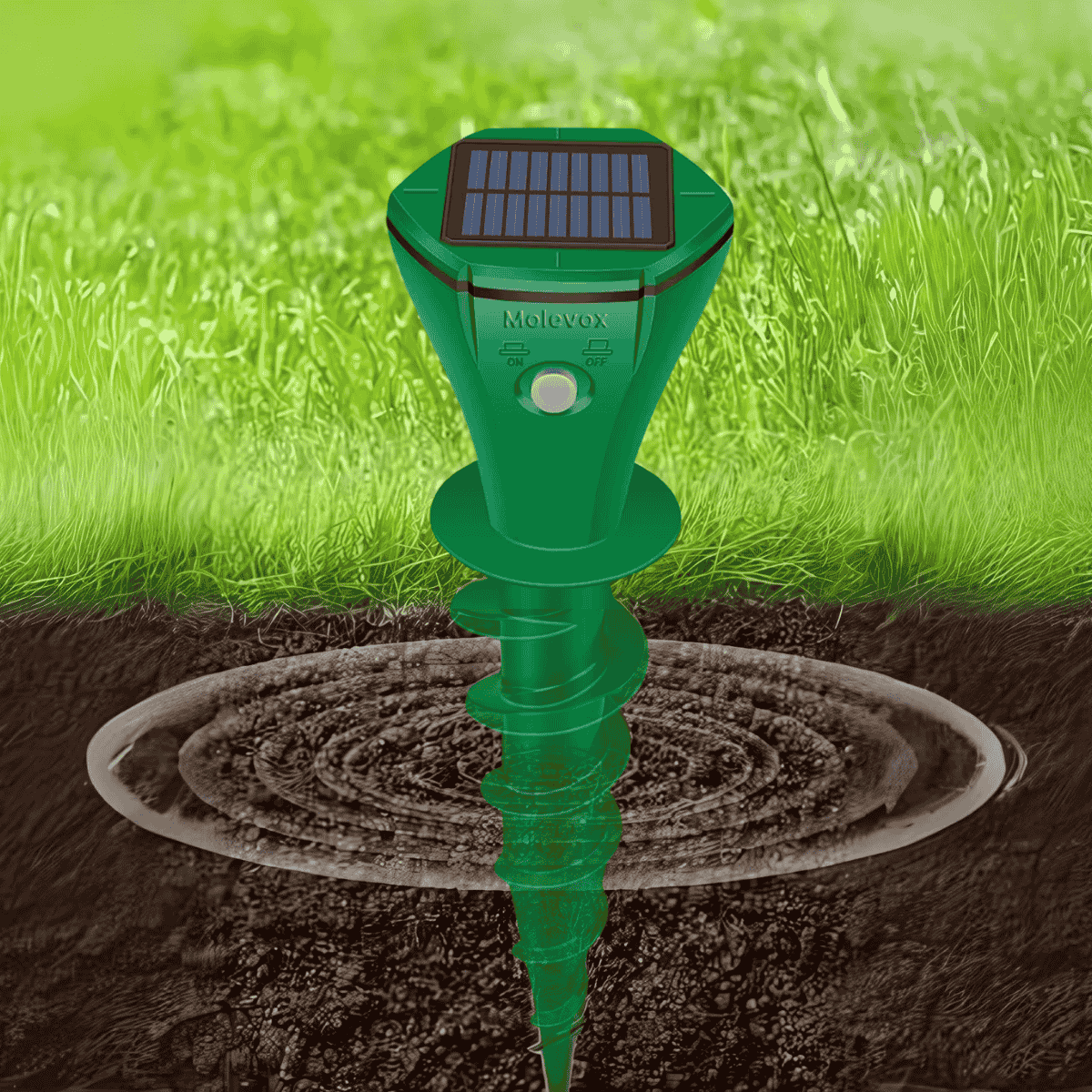 Green solar-powered mole repeller in soil with grass background