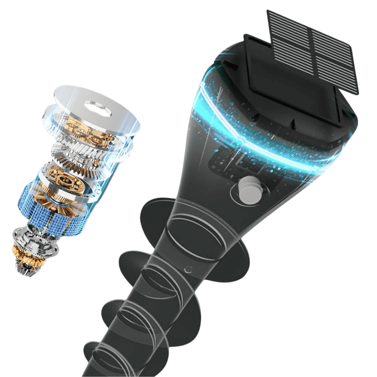 Solar panel light with clear cutaway showing internal components of molevox repeller on a white background