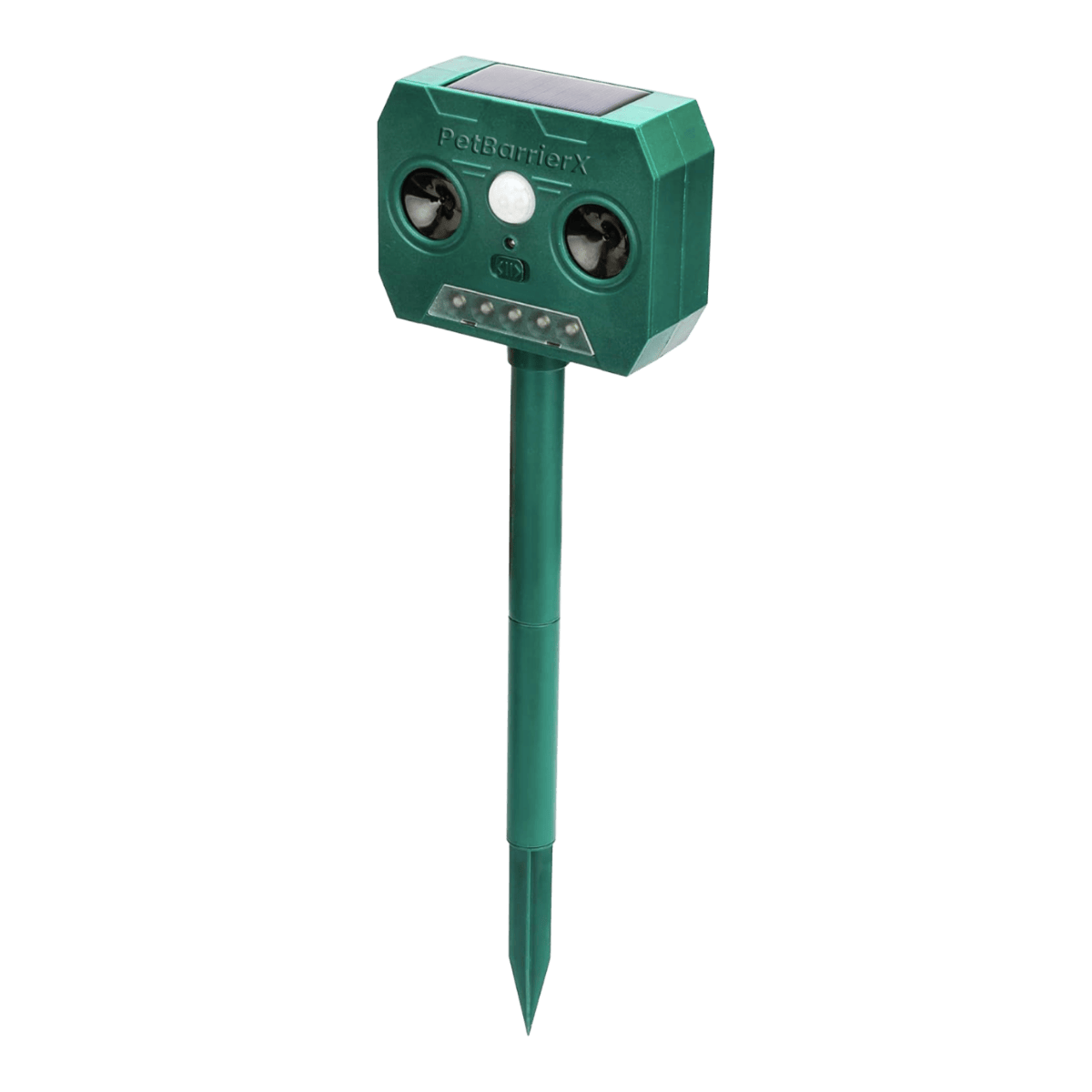 Green electronic pet sonic deterrent device on a white background