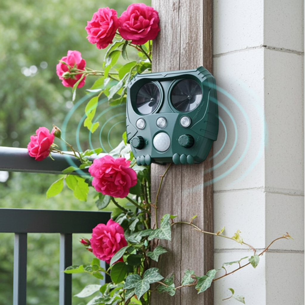 Pigeon repellent device on a balcony attached to a wooden post with pink flowers in the background