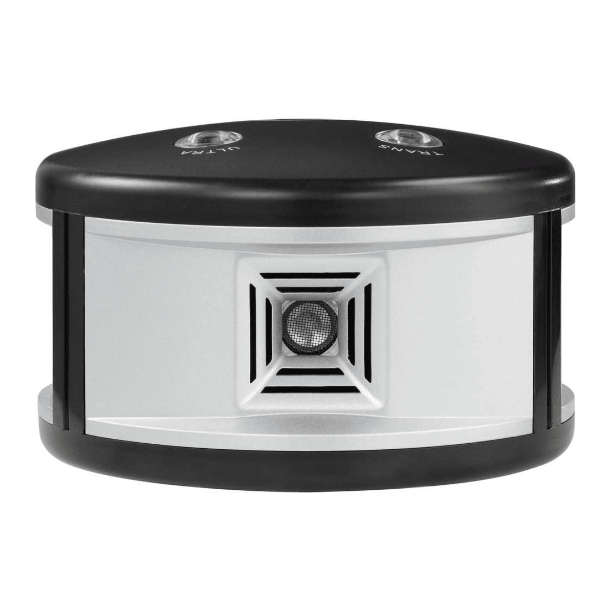 Round electronic rat repellent device with black top and silver bottom on a white background