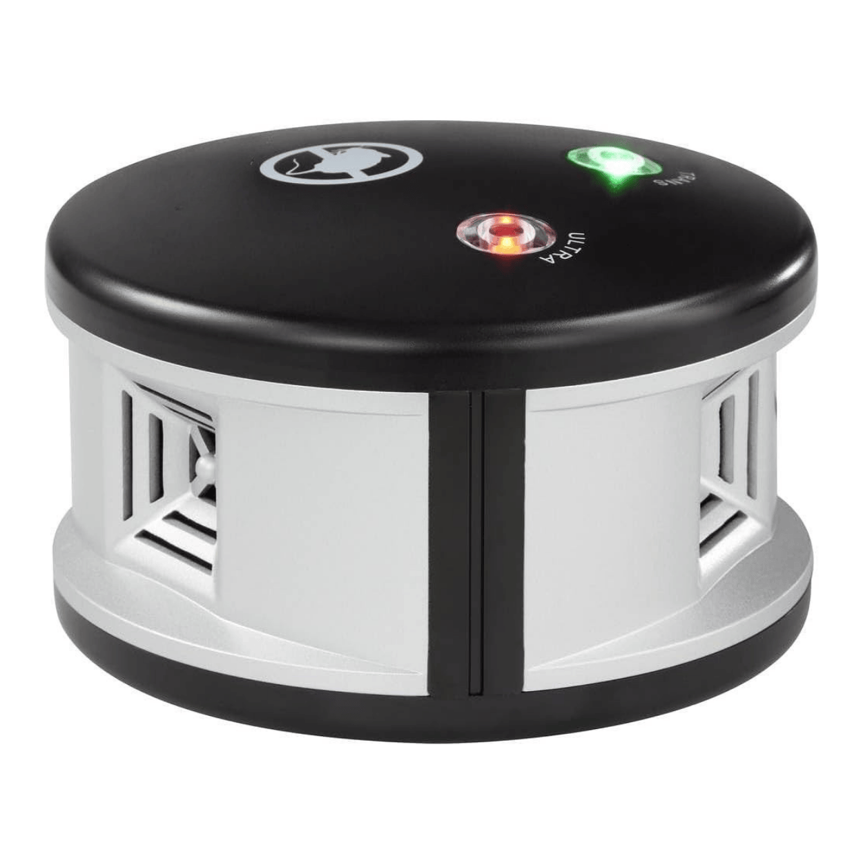 Round electronic rat repellent ultrasonic device with LED lights on a white background