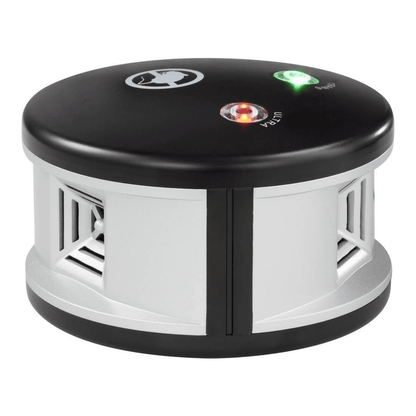 Round electronic rat repellent ultrasonic device with LED lights on a white background