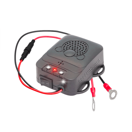 RoadentGuard Rodent car repellent device with red and black wires on a white background