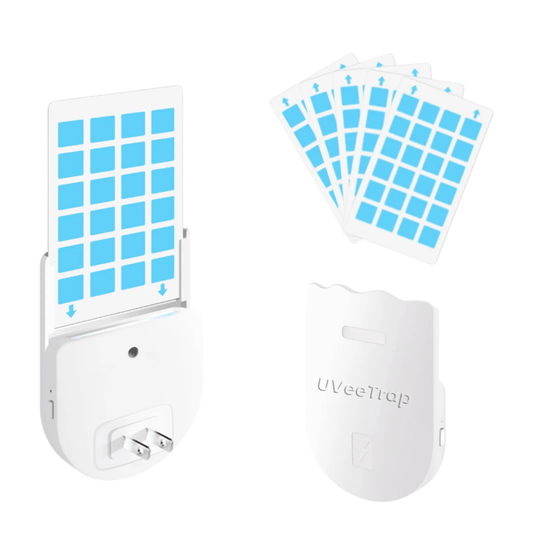 White electronic uv light fruit fly trap device with blue grid patterns and 'UVEETRAP' branding on a white background