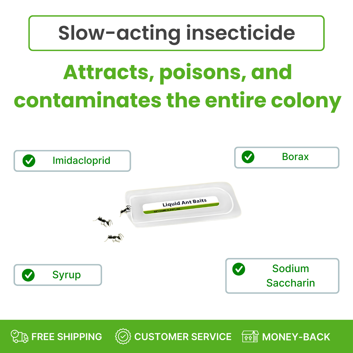 Product advertisement for slow-acting insecticide with ingredients listed on a white background.