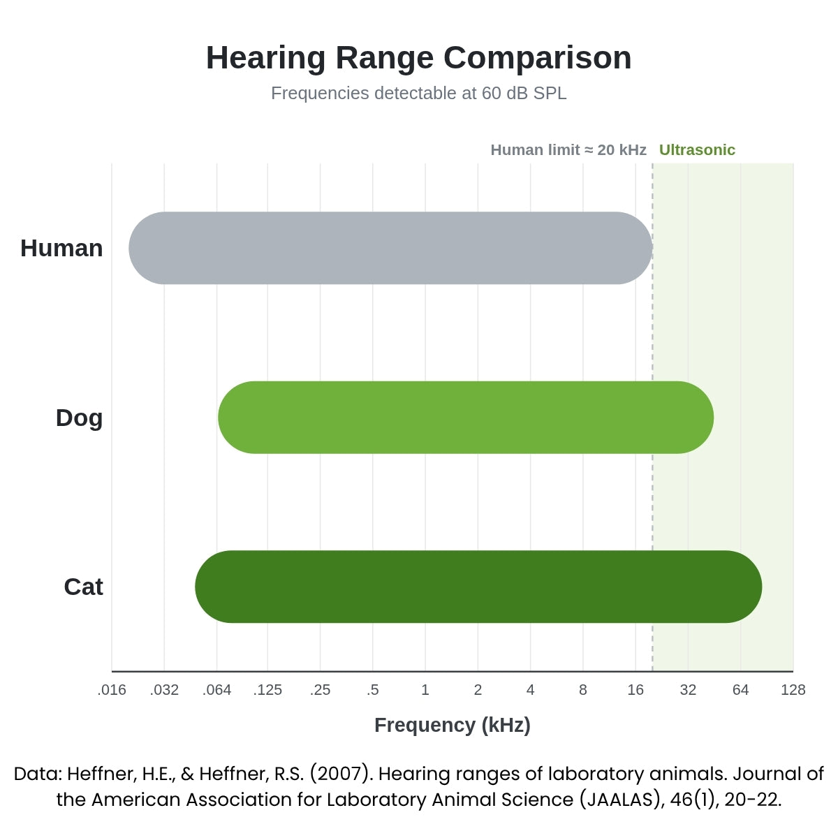 The hearing ranges of laboratory animals (cats & dogs) compared with those of humans. Lines indicate the range of frequencies that can be detected at 60 dB SPL.