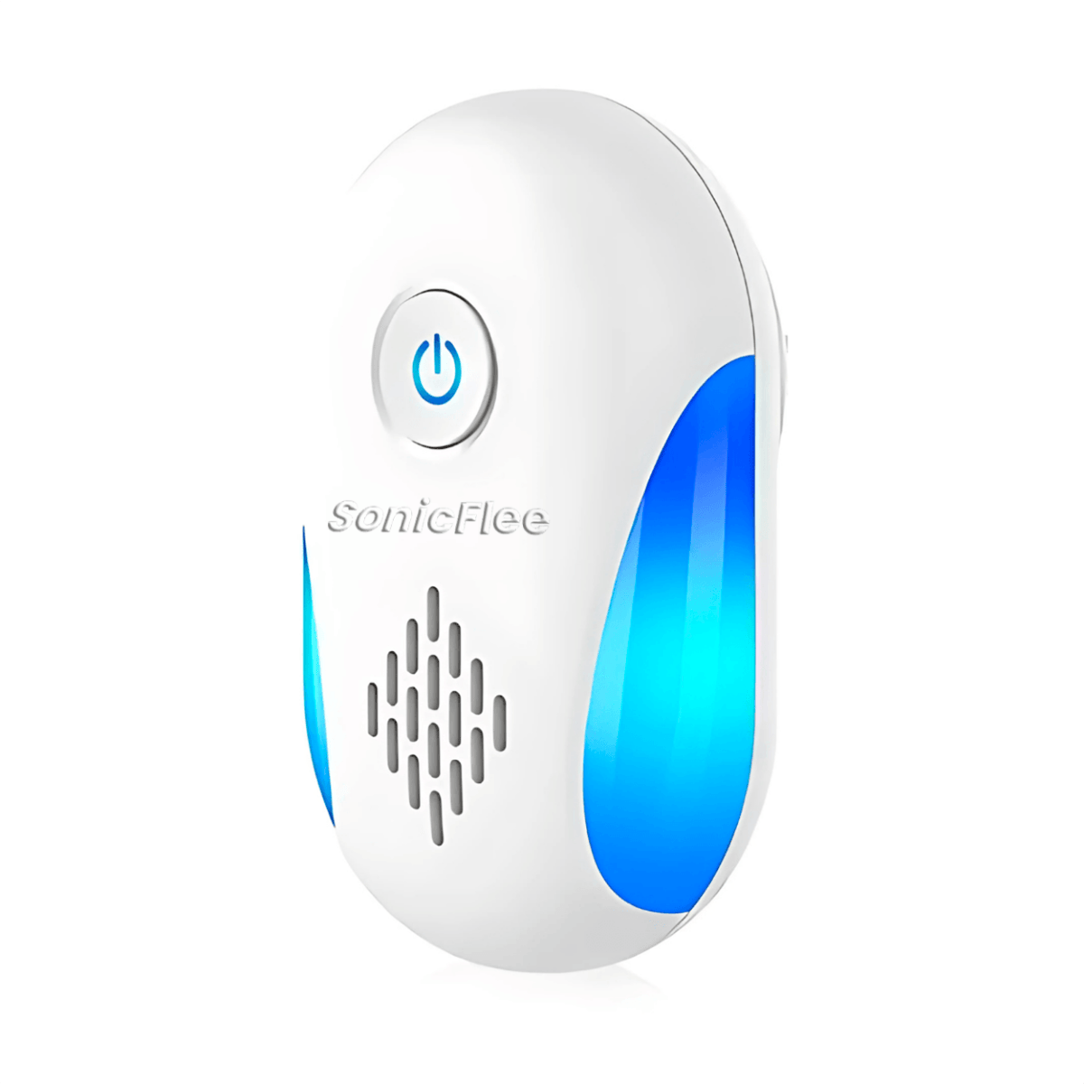 White ultrasonic insect repellent device with blue accents and 'sonicFlee' branding on a white background