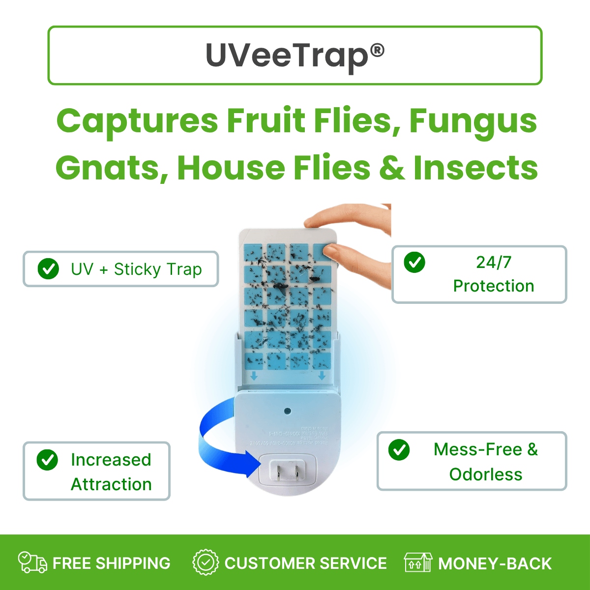 UVeeTrap fruit fly trap with features listed on a white background