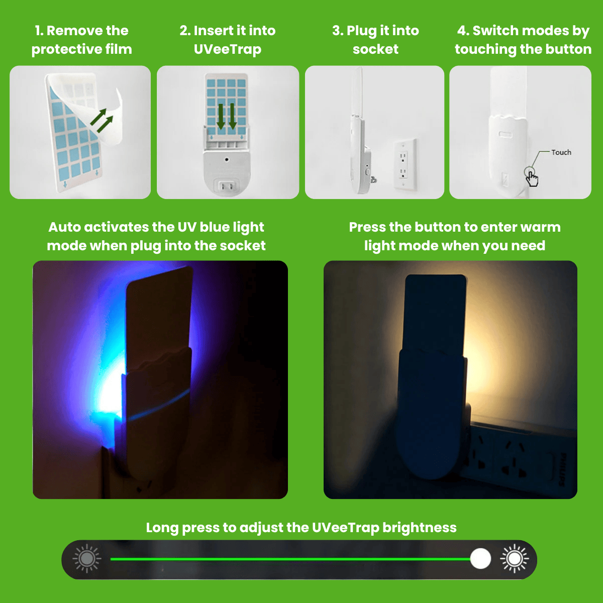 Instructions for using a fruit fly trap UV light device with images and text on a green background