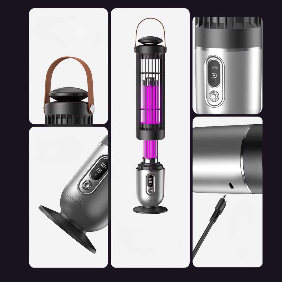 A collage showing multiple views of a modern electric zerofly zapper lamp. The product features a sleek metallic silver and black body, a glowing purple UV light tube, a brown leather carrying handle on one view, and a power button control panel on another.