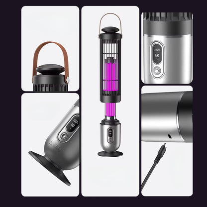 A collage showing multiple views of a modern electric zerofly zapper lamp. The product features a sleek metallic silver and black body, a glowing purple UV light tube, a brown leather carrying handle on one view, and a power button control panel on another.