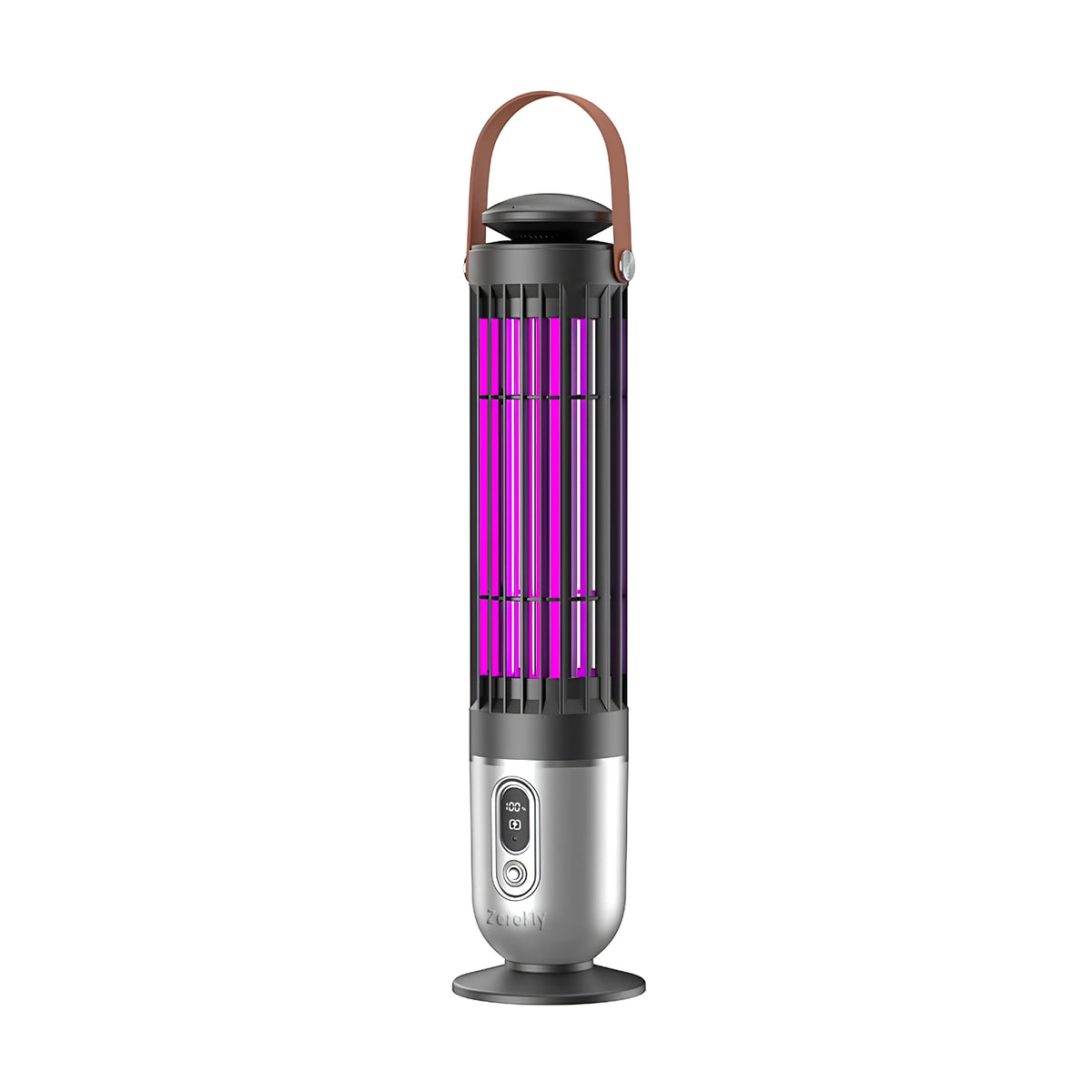 A portable electric gnat and fruit fly trap lamp with a metallic silver base, a dark gray upper body, a brown leather strap handle, and glowing purple UV light tubes, shown on a solid white background.