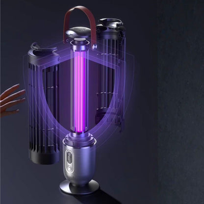 A modern electric gnat zapper lamp with a glowing purple UV light tube, shown with transparent cutaway overlays revealing internal components. A hand is visible on the left side, touching the device against a dark, moody background.